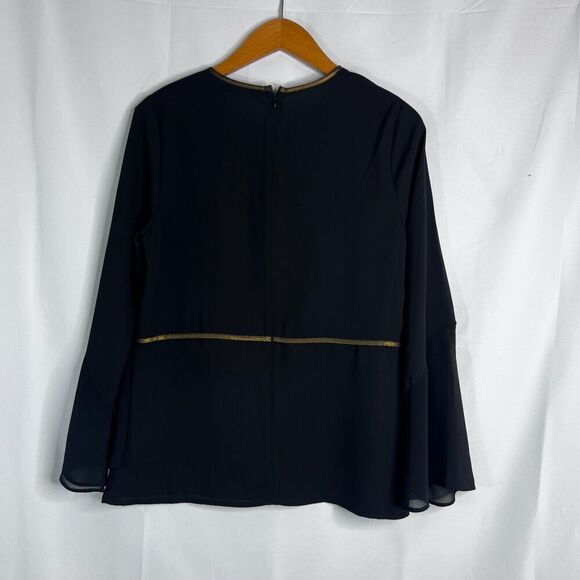 August Silk NWT Black Gold Trim Keyhole Bell Sleeve Silky Blouse Size Small - Picture 2 of 10